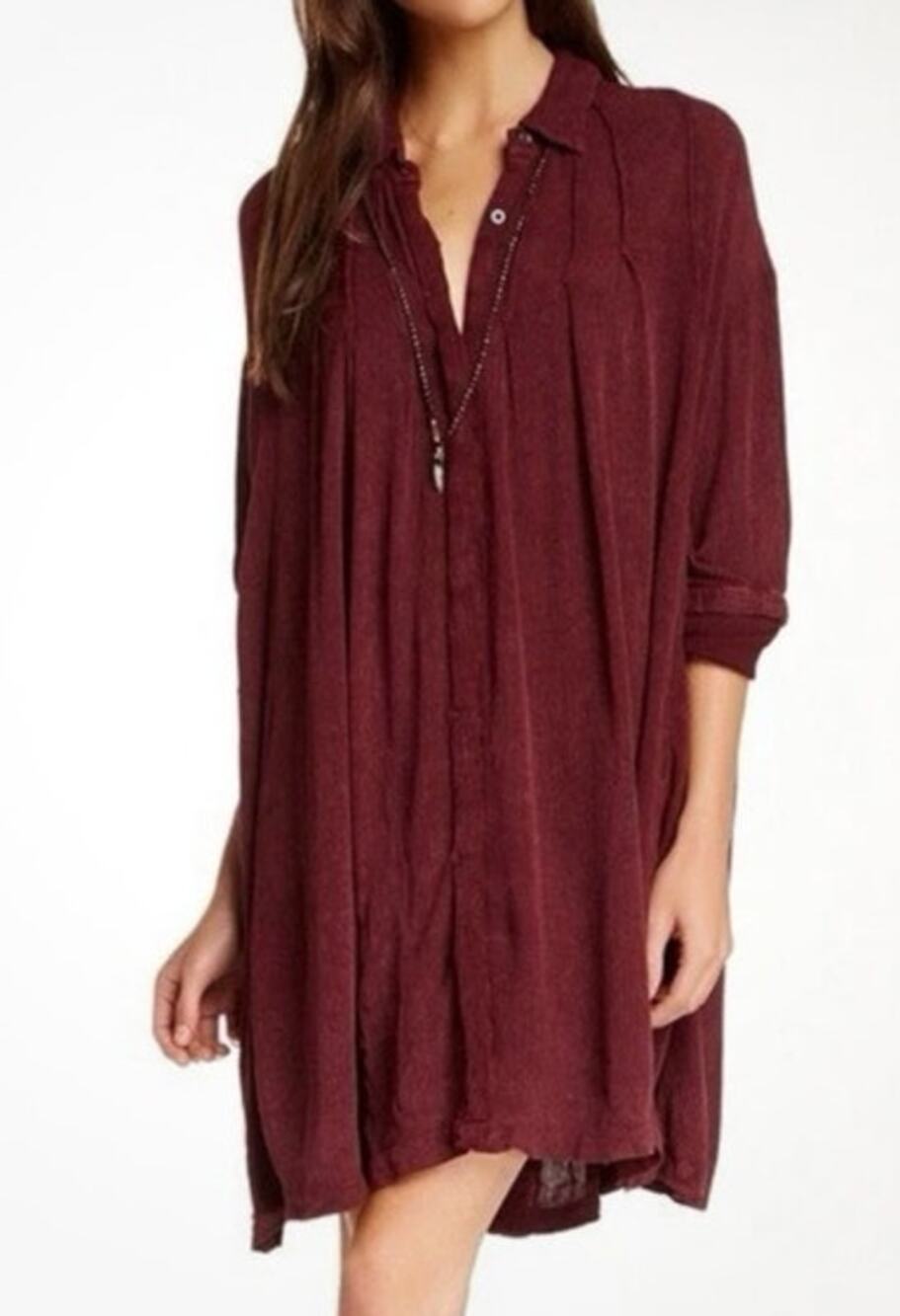 Free People Red Burgundy Crinkle Spin Me Tunic Mini Dress Sz Small S